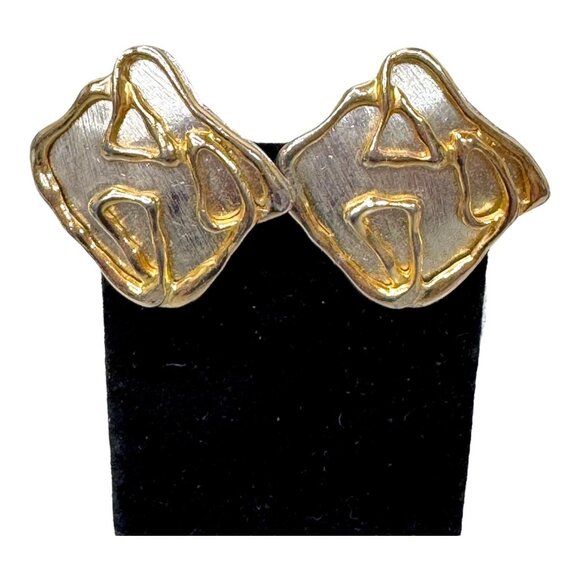 PARK LANE Vintage Modern Square Two Tone Clip On Earrings Gold Silver Abstract - Picture 8 of 8